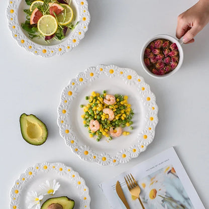Embossed Plate Ceramic Relief Little Daisy Dinner Set Household Dishes Rice Soup Bowl Meal Plate Bakeware Kitchen Tableware