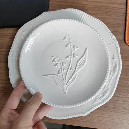 European Ceramic Plate Manual Floral Relief Decorative Breakfast Bread Plates Afternoon Tea Dessert Organizer Kitchen Tableware