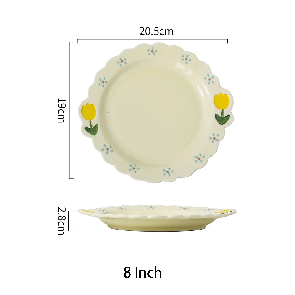Cute Tulip Ceramic Dinnerware Set Exquisite Hand Drawn Relief Flower Paltes Home Restaurant Tableware Dessert Dinner Plate