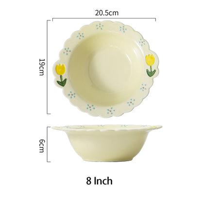 Cute Tulip Ceramic Dinnerware Set Exquisite Hand Drawn Relief Flower Paltes Home Restaurant Tableware Dessert Dinner Plate