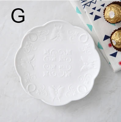 6inch, white embossed porcelain serving dish, ceramic kitchen plates, wedding plates for decoration, party buffet fruit plate