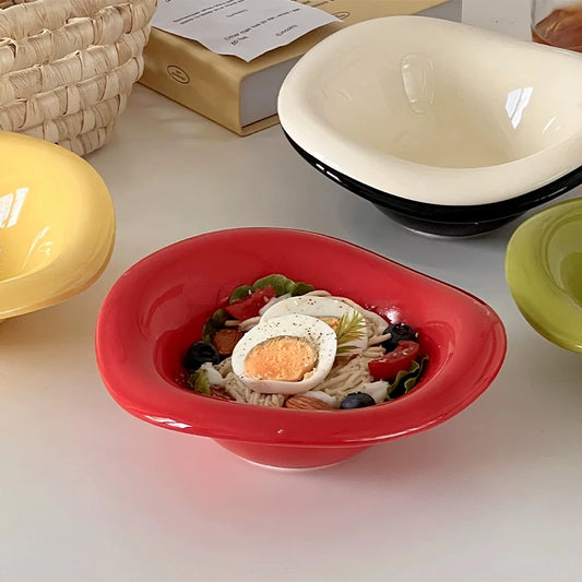 Ceramic Saucer Ins Style Salad Bowl Dishwasher Safe Fruit Yogurt Mixing Plate Wave Shaped Creamy Color Dessert Snack Container