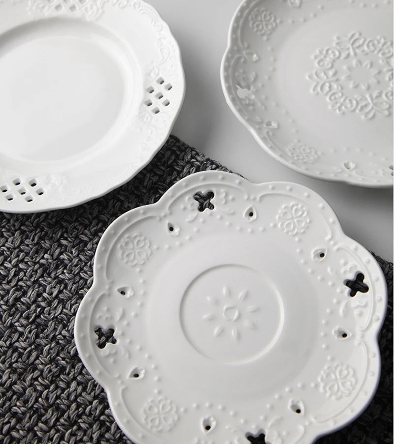 6inch, white embossed porcelain serving dish, ceramic kitchen plates, wedding plates for decoration, party buffet fruit plate