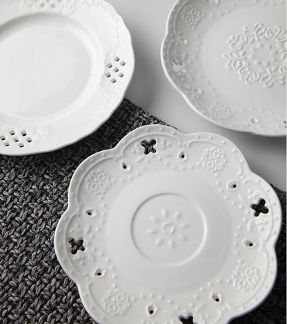 6inch, white embossed porcelain serving dish, ceramic kitchen plates, wedding plates for decoration, party buffet fruit plate