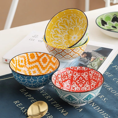 4Pcs Bohemian-style Noodle Bowl Household Rice Ceramic Bowl Restaurant Home Tableware Eating Dishes Soup Bowls