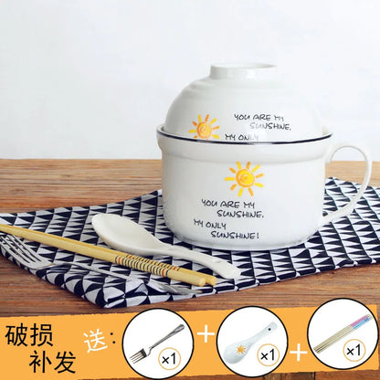 Ceramic Instant Noodle Bowl Japanese-style Large Cute Porcelain Bowl Cartoon Covered Tableware Student Dormitory with Single