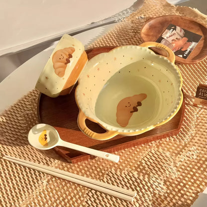 Cute Croissant Bread Shape Ceramic Rice Bowl Soup Bowl Set 2025 New Design Modern Home Tableware For One Person Gift