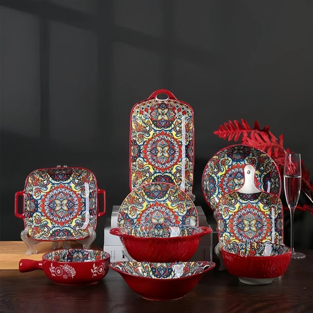 Bohemian ceramic dishes and cutlery 8-piece set household good-looking rice bowl double-ear soup basin exquisite noodle bowl