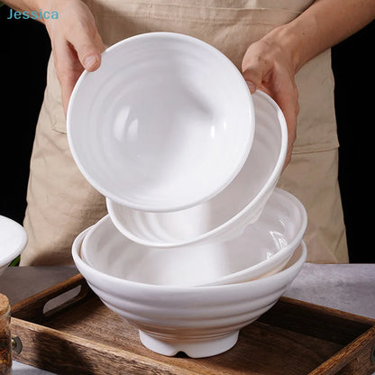 ♥Large Ribbed White Noodle Bowl - Durable Porcelain Bowl for Soup, Ramen & Hot Meals (Home & Restaurant Use)
