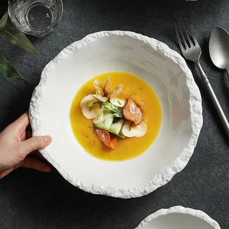 Simple White Ceramic Soup Bowl Kitchen Restaurant Special Tableware Creative Rock Texture Salad Noodles Bowls Dinner Plate Tools