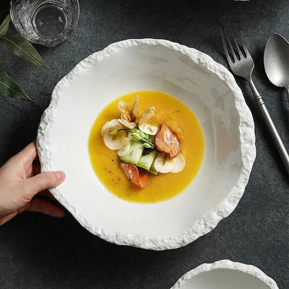 Simple White Ceramic Soup Bowl Kitchen Restaurant Special Tableware Creative Rock Texture Salad Noodles Bowls Dinner Plate Tools