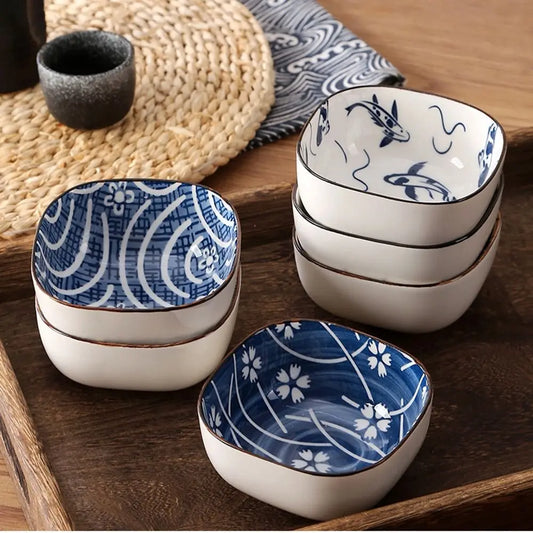 2/6Pcs Vintage Blue Dipping Bowls Ceramic Japanese Style Mini Appetizer Plates Thicken Dishwasher Safe Small Side Dishes