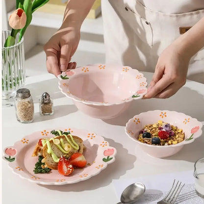 Cute Tulip Ceramic Dinnerware Set Exquisite Hand Drawn Relief Flower Paltes Home Restaurant Tableware Dessert Dinner Plate