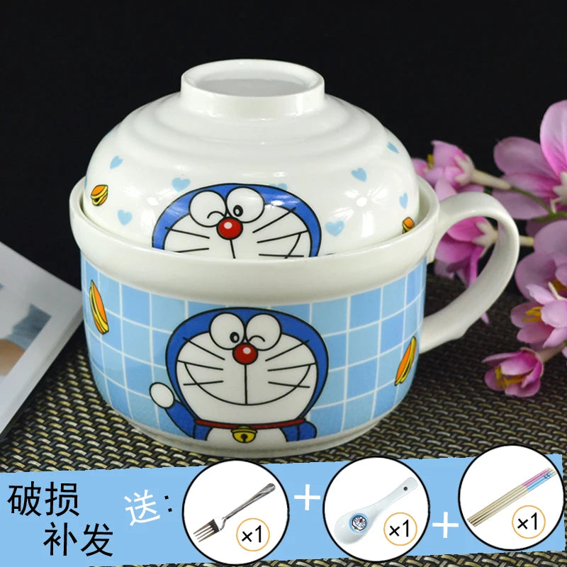Ceramic Instant Noodle Bowl Japanese-style Large Cute Porcelain Bowl Cartoon Covered Tableware Student Dormitory with Single