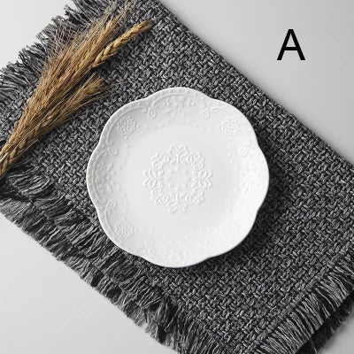 6inch, white embossed porcelain serving dish, ceramic kitchen plates, wedding plates for decoration, party buffet fruit plate
