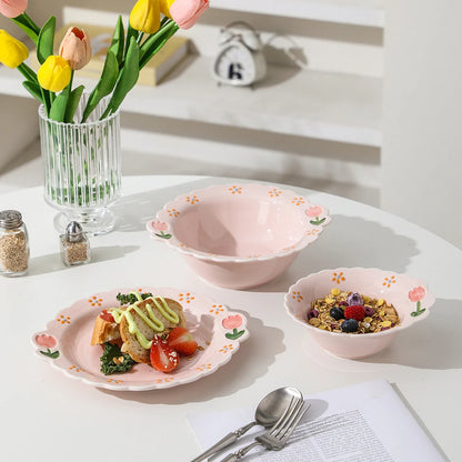 Cute Tulip Ceramic Dinnerware Set Exquisite Hand Drawn Relief Flower Paltes Home Restaurant Tableware Dessert Dinner Plate
