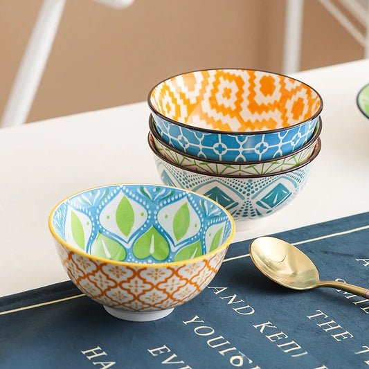 4Pcs Bohemian-style Noodle Bowl Household Rice Ceramic Bowl Restaurant Home Tableware Eating Dishes Soup Bowls