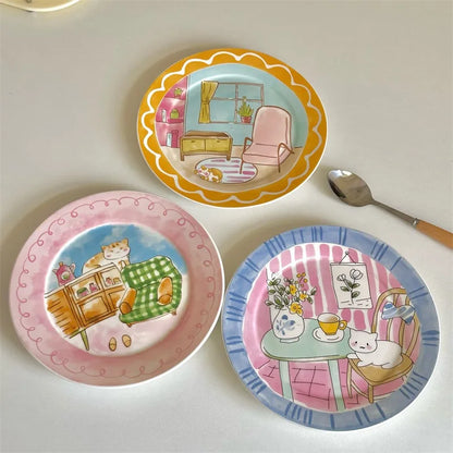 Cute and Playful Cartoon Ceramic Plate Korean High Aesthetic Household Tableware Dessert Plate Salad BreakfastPlate Ceramic Flat