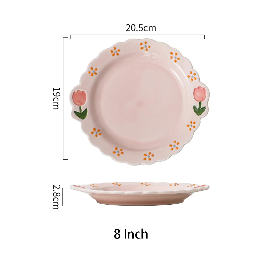 Cute Tulip Ceramic Dinnerware Set Exquisite Hand Drawn Relief Flower Paltes Home Restaurant Tableware Dessert Dinner Plate