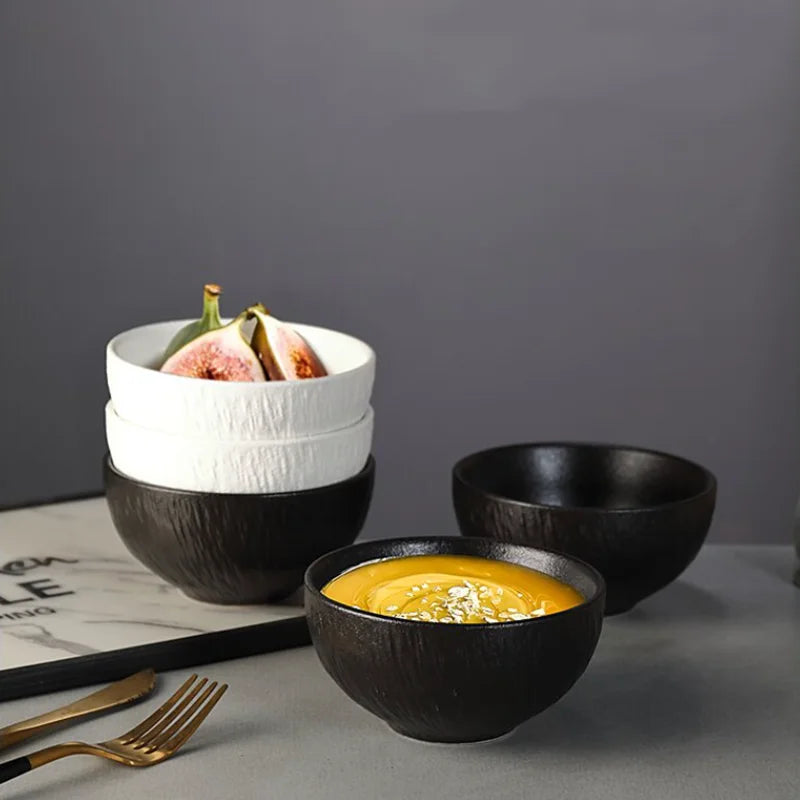 Rock Patterned Frosted Ceramic Tableware, Soup Bowls, Dessert Plates, Household Rice Bowls, Solid Color Threaded Salad Bowls