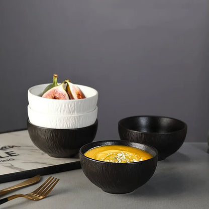 Rock Patterned Frosted Ceramic Tableware, Soup Bowls, Dessert Plates, Household Rice Bowls, Solid Color Threaded Salad Bowls