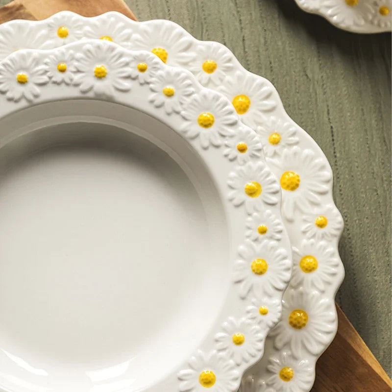 Embossed Plate Ceramic Relief Little Daisy Dinner Set Household Dishes Rice Soup Bowl Meal Plate Bakeware Kitchen Tableware