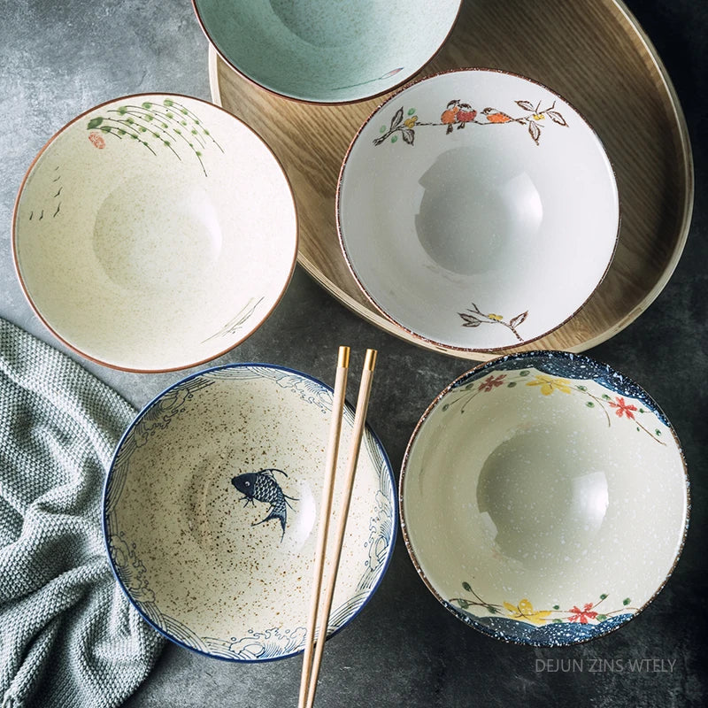 8-inch Ceramic Noodle Bowl Japanese Ceramic Soup Bowl Healthy Underglaze Painted Ramen Bowl Kitchen Tableware Salad Container