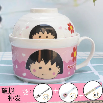 Ceramic Instant Noodle Bowl Japanese-style Large Cute Porcelain Bowl Cartoon Covered Tableware Student Dormitory with Single
