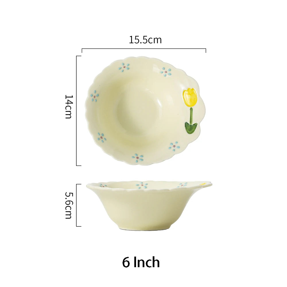 Cute Tulip Ceramic Dinnerware Set Exquisite Hand Drawn Relief Flower Paltes Home Restaurant Tableware Dessert Dinner Plate