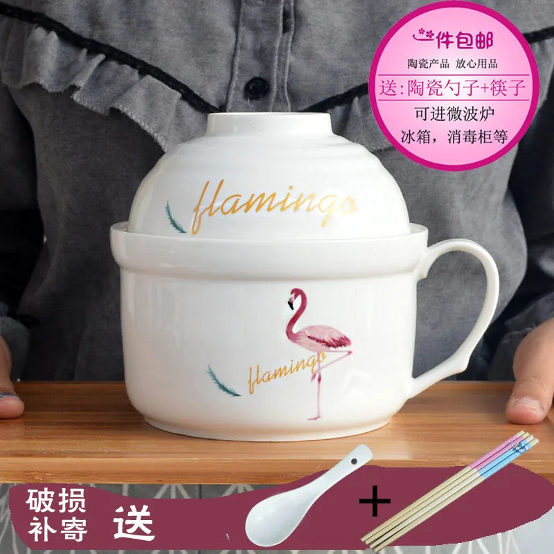 Ceramic Instant Noodle Bowl Japanese-style Large Cute Porcelain Bowl Cartoon Covered Tableware Student Dormitory with Single