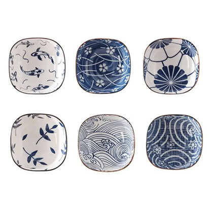 2/6Pcs Vintage Blue Dipping Bowls Ceramic Japanese Style Mini Appetizer Plates Thicken Dishwasher Safe Small Side Dishes