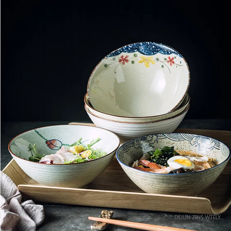 8-inch Ceramic Noodle Bowl Japanese Ceramic Soup Bowl Healthy Underglaze Painted Ramen Bowl Kitchen Tableware Salad Container
