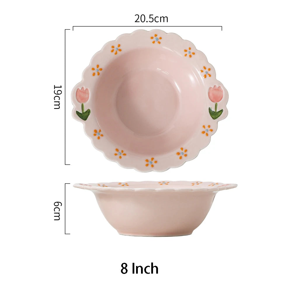 Cute Tulip Ceramic Dinnerware Set Exquisite Hand Drawn Relief Flower Paltes Home Restaurant Tableware Dessert Dinner Plate