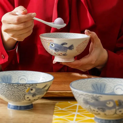 Cartoon Ceramic Japanese Bowl, Cute Seasoning Kitchen Tableware,Soup Rice Bowls, Instant Noodle Bowls, Underglaze Colored Plates