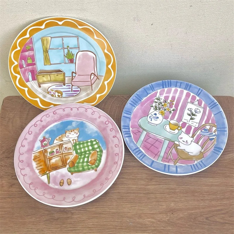 Cute and Playful Cartoon Ceramic Plate Korean High Aesthetic Household Tableware Dessert Plate Salad BreakfastPlate Ceramic Flat