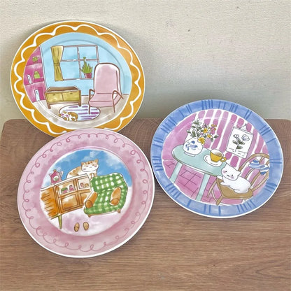Cute and Playful Cartoon Ceramic Plate Korean High Aesthetic Household Tableware Dessert Plate Salad BreakfastPlate Ceramic Flat